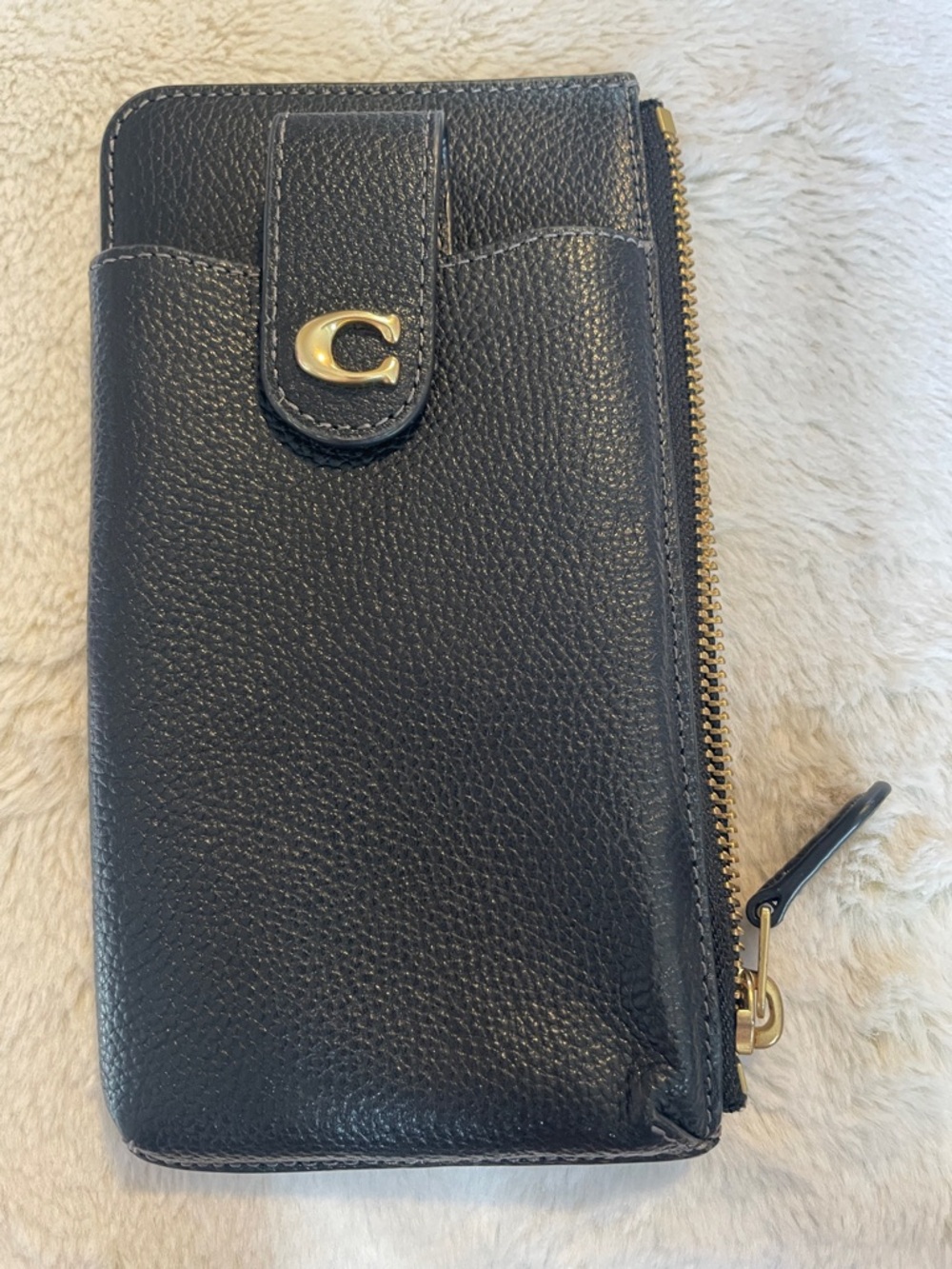 Coach Black Pebbled Leather Phone Zip Around Wallet with Gold Hardware